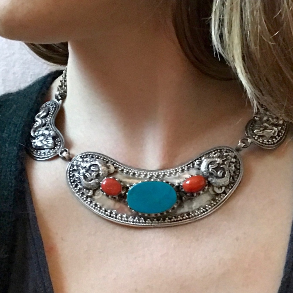 Sterling Silver Turquoise and Coral Neckalce